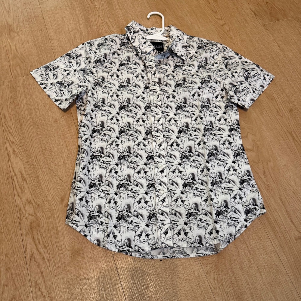 Wildfang The Essential Button Up Shirt Small White Black Cat Print Cotton. NOT
